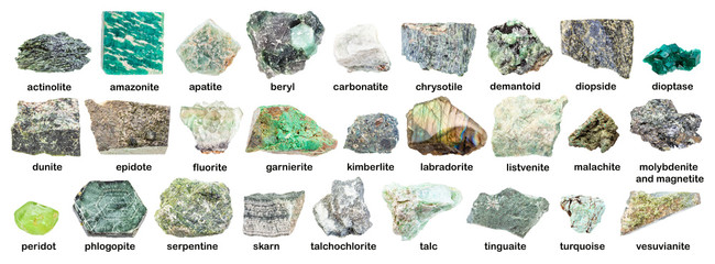 set of various green rough stones with names