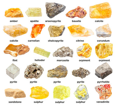 set of various rough yellow minerals with names