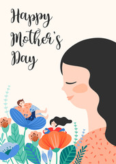 Happy Mothers Day. Vector illustration with women and children in flowers