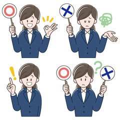 Woman in a suit holding the correct or incorrect answers,Vector illustration set