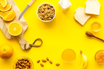 Breakfast with granola mockup on yellow background top-down copy space