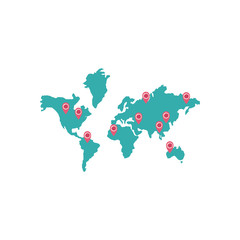 world map with location pin with covid 19 virus icon, flat style