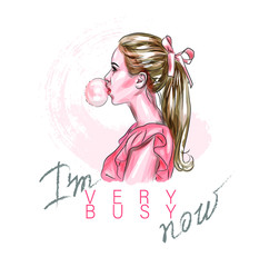 Vector illustration. Young woman and chewing gum. Beautiful illustration of a young woman in pink. I'm very busy  now. Suitable for printing and printing on fabric.