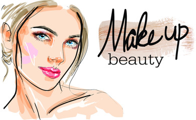 Stylish art sketch. Hand drawn glamour young woman face makeup with beautiful eyes vector. fashion illustration for design. Beautiful face. Fashion makeup. The concept of personal care.