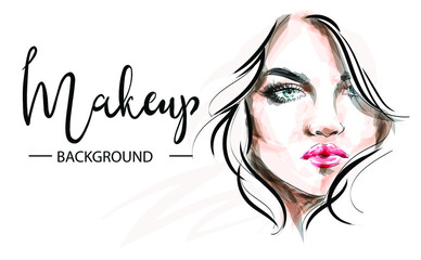 Hand drawn glamour young woman face makeup with beautiful eyes vector fashion illustration for cosmetic products sale banner background design, make up artist business card template.