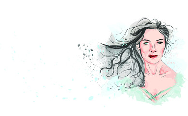 Hand drawn glamour young woman face makeup with beautiful eyes vector fashion illustration for cosmetic products sale banner background design, make up artist business card template.Stylish art sketch