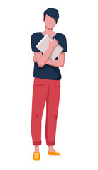 A thoughtful teenage boy standing with a book. A young student on the day of class.  Vector illustration on white background