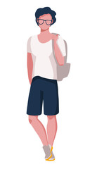 A boy is a teenager with a backpack on a white background. A young student on the day of class. Vector illustration on white background
