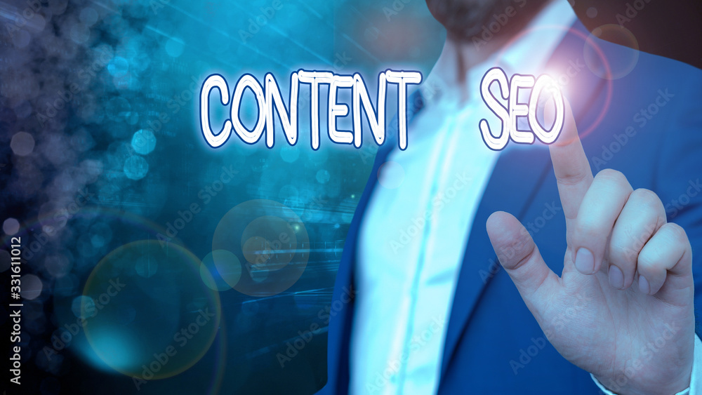 Poster word writing text content seo. business photo showcasing creating webpage content to rank high in th
