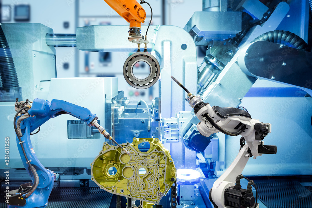 Poster industrial automation robotic teamwork working with auto parts on smart factory, on machine blue ton