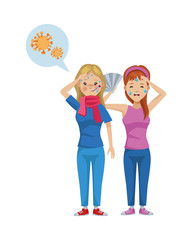 sick women with fever symptoms of covid19 and fan