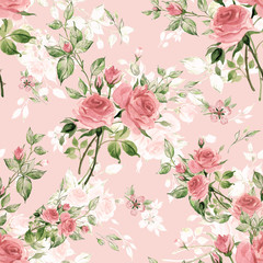  Seamless watercolor pattern with rose buds and leaves - obrazy, fototapety, plakaty