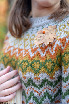 Autumn Leaf Brooch On A Knitted Sweater