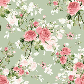  Seamless watercolor pattern with rose buds and leaves
