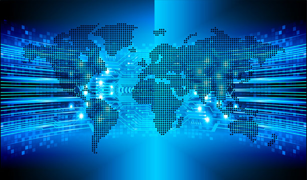 Binary Circuit Board Future Technology, Purple Cyber Security Concept Background, Abstract Hi Speed Digital Internet. World Map