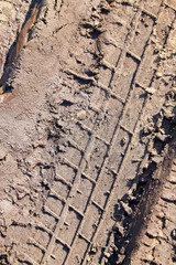 Tyre prints on the yellow sand. Nature background or texture