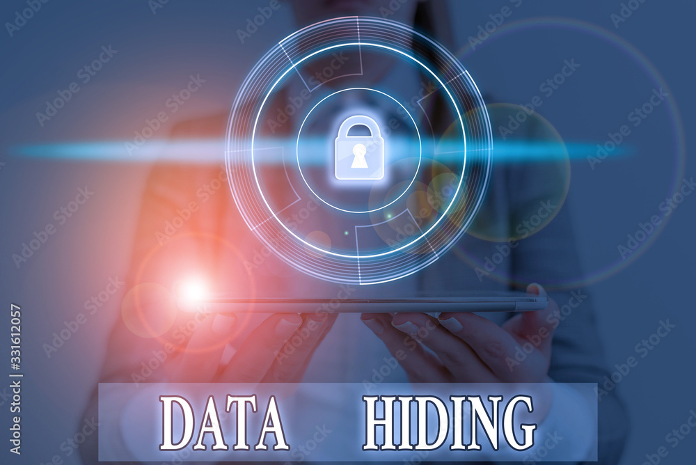 Poster word writing text data hiding. business photo showcasing secretly embedding data in graphics images 