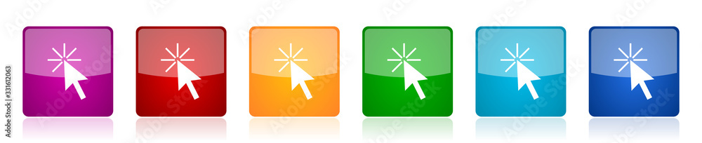 Fototapete Click here icon set, colorful square glossy vector illustrations in 6 options for web design and mobile applications