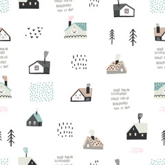 Baby seamless village pattern. Childish background with house, trees and fields.