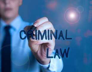 Word writing text Criminal Law. Business photo showcasing legal system which relates to punishing those commits crime