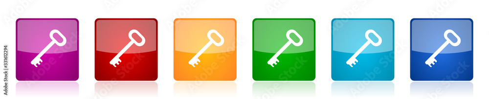 Leinwandbilder Key icon set, colorful square glossy vector illustrations in 6 options for web design and mobile applications