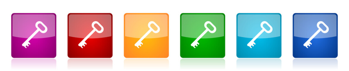 Key icon set, colorful square glossy vector illustrations in 6 options for web design and mobile applications