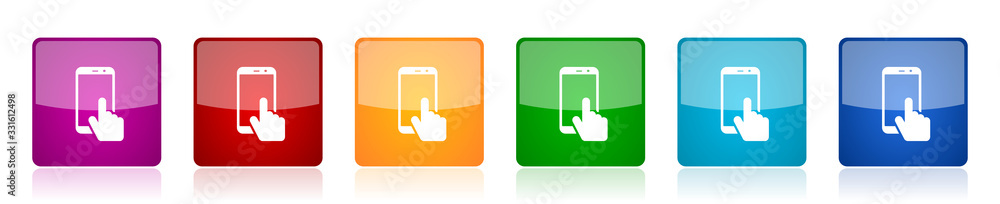Poster Smartphone icon set, mobile phone colorful square glossy vector illustrations in 6 options for web design and mobile applications
