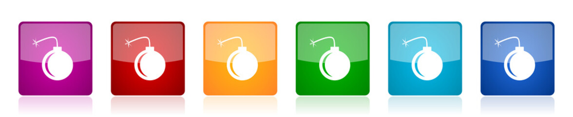 Bomb icon set, colorful square glossy vector illustrations in 6 options for web design and mobile applications