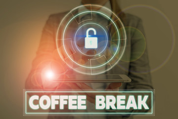 Conceptual hand writing showing Coffee Break. Concept meaning short time when you stop working to...