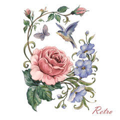 A sketch in pencil and watercolor bouquet of roses with a bird and butterfly