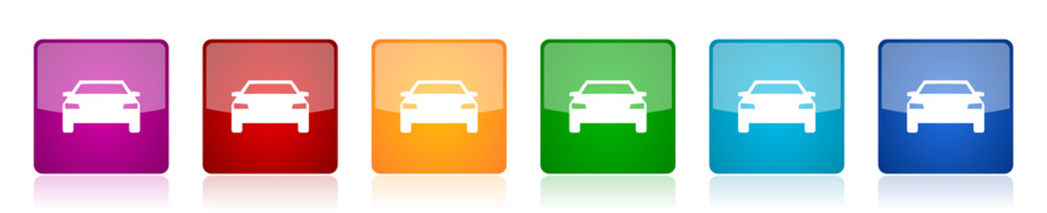 Auto icon set, transport, transportation, car colorful square glossy vector illustrations in 6 options for web design and mobile applications