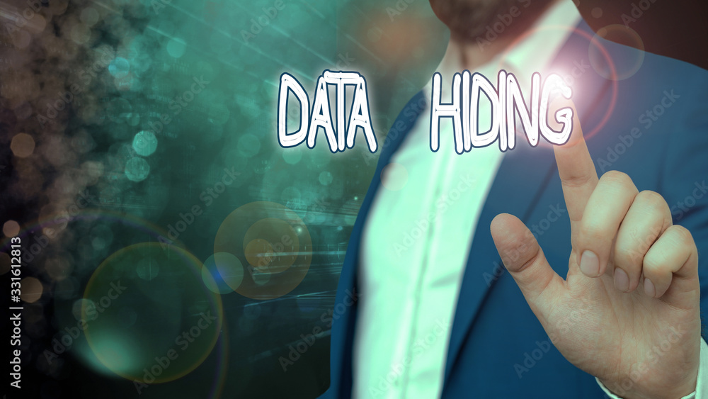 Poster word writing text data hiding. business photo showcasing secretly embedding data in graphics images 