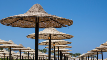 Marsa Matruh, Egypt. Rows of umbrellas made of straw and sunbeds. Sandy beach. Relaxing context....