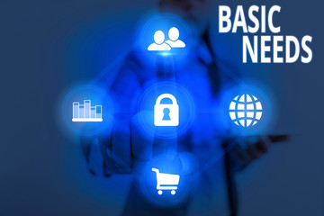Writing note showing Basic Needs. Business concept for something that you must have in order to...