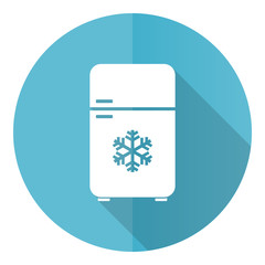 Refrigerator blue round flat design vector icon isolated on white background, fridge, cooler illustration in eps 10