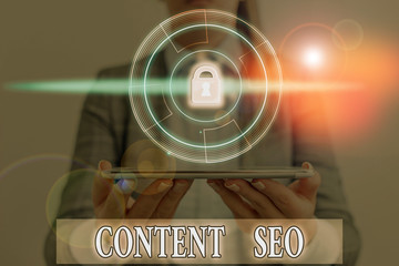 Word writing text Content Seo. Business photo showcasing creating webpage content to rank high in...