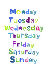 Days of the week are written in English. Lettering paper alphabet kids. Children's letters on a white background.