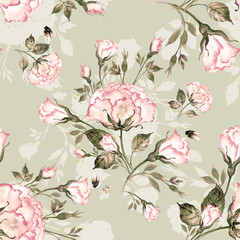 Watercolor seamless pattern bouquet of roses and bumble