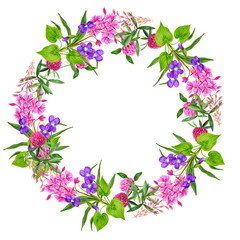 Wild flowers wreath with clover fireweed and viola