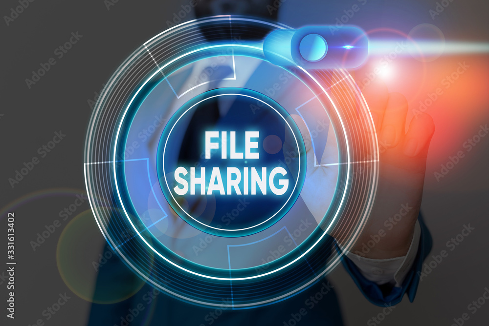 Poster writing note showing file sharing. business concept for transmit files from one computer to another 