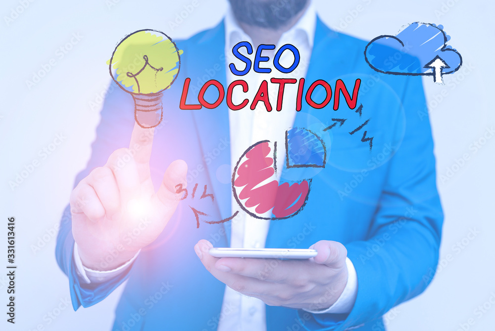 Poster word writing text seo location. business photo showcasing process to optimize pages on your site to 