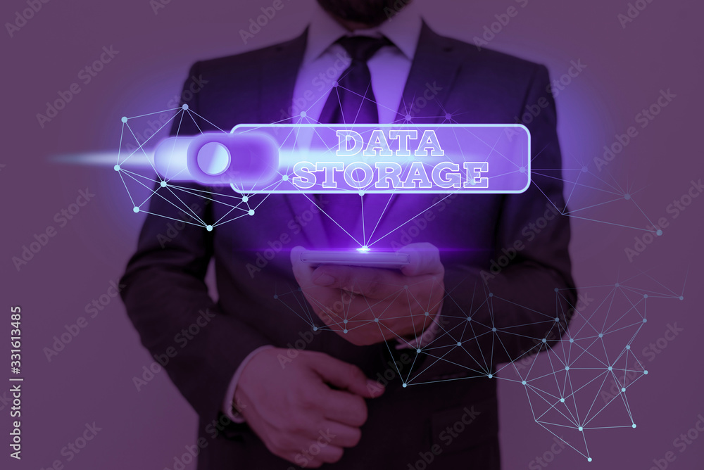 Poster handwriting text data storage. conceptual photo the act of archiving data in electromagnetic or othe