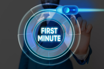 Writing note showing First Minute. Business concept for promotional offers last within a very short...