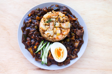 fried rice with shrimp and black bean sauce which is called saeubokk-eumbab in Korea