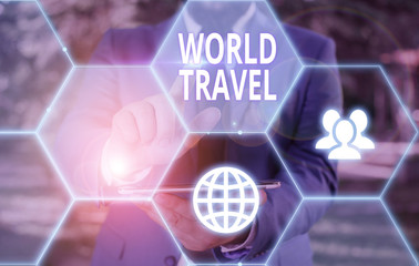 Conceptual hand writing showing World Travel. Concept meaning the movement of showing between...