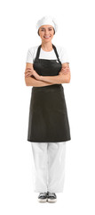 Portrait of female chef on white background