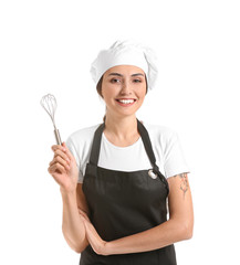 Portrait of female chef on white background