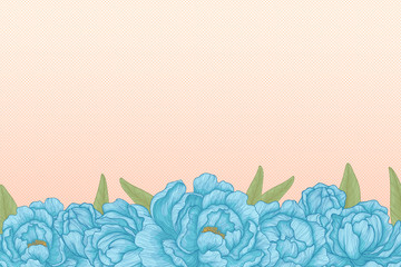 Horizontal banner with hand drawn illustration of blue peonies flowers with leaves border and pastels yellow background with dots. Place for text. Vector background.