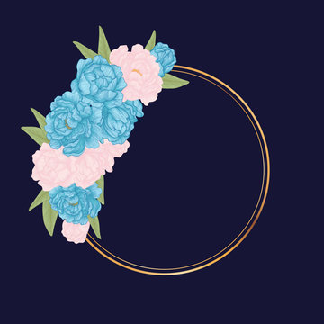 Vector circlet frame with hand drawn illustration of blue and pink peonies with leaves and gold round border on classic blue background. Best wor wedding design, brochure, leaflet and invintation.