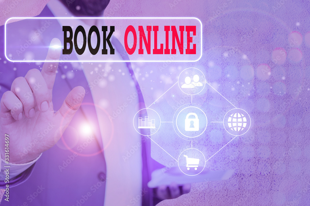 Poster writing note showing book online. business concept for booklike form that is only available to read 